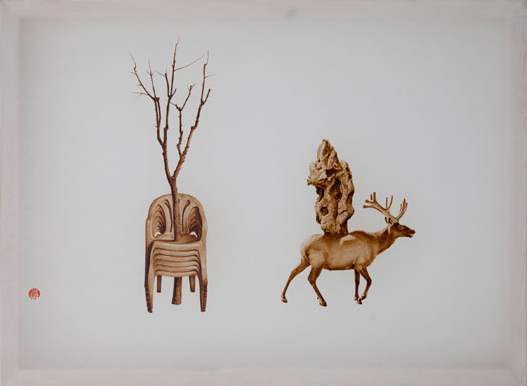 YAN Kai,”Asked the deer,” 2013, green tea and puer tea on silk, 66×89cm 颜开,“问鹿”,2013,绢本绿茶、普洱茶,66×89cm