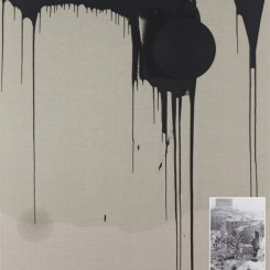 Michael Wilkinson, "Dresden 16 (2013)," blackboard paint on linen, verdigris, painted 12 inch record, digital print, and oil, 150 x 130 x 3 cm