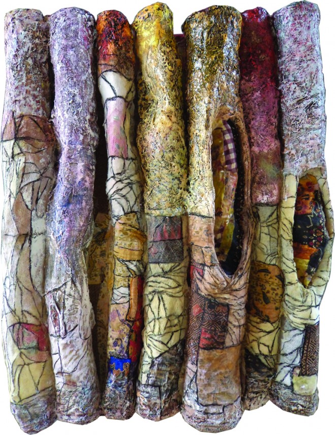 Srey Bandaul,"Untitled (Digestion series)," oil paint, resin, charcoal, mosquito netting, sarong and Krama material on