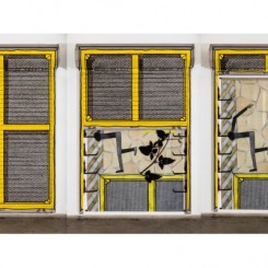 Atul Dodiya, "Stretcher," 2013, Exterior: Enamel paint and brass letters on motorized galvanized roller shutter with iron hooks; Interior: Oil, acrylic with marble dust and oil stick on canvas, Exterior: 274 x 183 cm; Interior: 222 x 159 cm