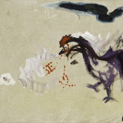 Liao Guohe, "Justice (Purple Rooster, Red Words)," 2013, acrylic on canvas
50x60cm
廖国核，《正义（紫鸡 红字）》，2013，布面丙烯，50x60cm