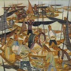 Lin Fengmian, Fishing market, Oil on canvas , Signed middle right in Chinese: Lin Fengmian, 77.5 x 77.5 cm, Reserved rights, courtesy de Sarthe Gallery