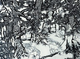 Yang Jiechang, “Black and White Mustard Seed Garden”(detail) [Tale of the 11th Day series], 2009-2014, ink and mineral pigments on silk, mounted on canvas, 8 panels, each 280 x 141 cm 杨诘苍，《十一日谈系列：白描芥子园》 ( 局部), 2009-2014年, 墨，矿物彩，绢，裱于布面, 280 x 141 cm/张，共8 张