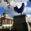 Katharina Fritsch's "Hahn/Cock" on Fourth Plinth at Trafalgar Square, with England's National Gallery in the background. The title references Alfred Hitchcock's wordplay with his name, besides more obvious references too.