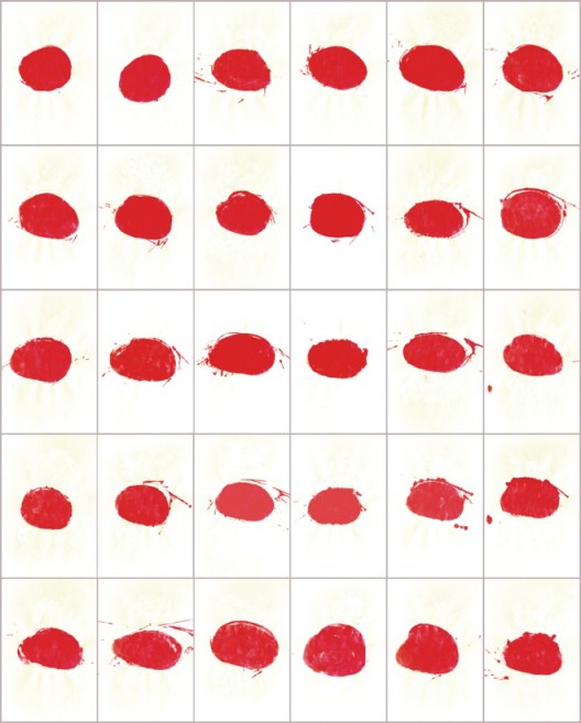 Tehching Hsieh, “Paint. Red Repetitions”, acrylic on paper, 30-sheet sketchbook, 38.1 x 53.3 cm, 1973謝德慶，《畫. 紅的重複，壓克力彩，紙，三十頁素描本，38.1 x 53.3公分，1973年