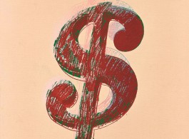 Lot 拍品编号 28
ANDY WARHOL 安迪．沃荷
(AMERICAN, 1928-1987)
Dollar Sign 《美元符号》
synthetic polymer and silkscreen inks on canvas人造凝胶  丝网墨  画布
40 x 33.5 cm. (15 3/4 x 13 1/4 in.)
Executed in 1981, 1981 年作
HK$ 2,000,000- 2,500,000
US$  256,400-  320,500
© 2015 The Andy Warhol Foundation for the Visual Arts, Inc. / Artists Rights Society (ARS), New York.