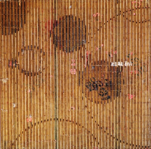 Sopheap Pich, “Far from the Sun,” bamboo, rattan, metal wire, used burlap, plastics, 200 x 200 x 10 cm, 2014.