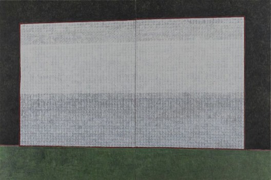 Zeng Hong, “Red on Blue,” (detail), acrylic on canvas, 160 x 120 am, 2013-2014曾宏，《绿色上的红色》，布面丙烯，双联,160 X 120 cm，2013-2014