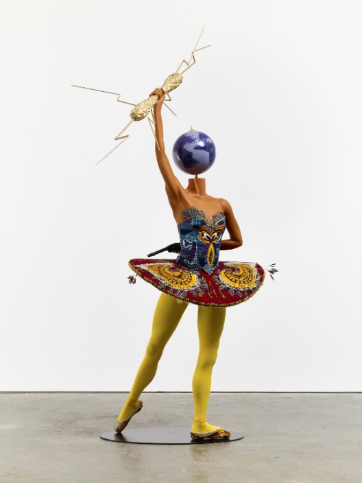 Yinka Shonibare, “Ballet God (Zeus)”, fibreglass mannequin, Dutch wax printed cotton textile, lightning, gun, globe, pointe shoes and steel baseplate, 236 x 155 x 140 cm, 2015.