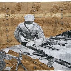 Zhang Huan (b. 1965),  Memory Door (Gun), 2007, Silkscreen mounted on canvas on antique wooden door, 135 x 264 cm; (54 1/4 x 104 in.)