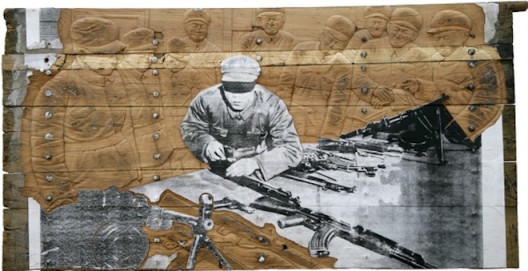 Zhang Huan (b. 1965), Memory Door (Gun), 2007, Silkscreen mounted on canvas on antique wooden door, 135 x 264 cm; (54 1/4 x 104 in.)