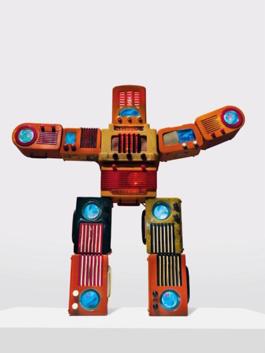 NAM JUNE PAIK, Bakelite Robot, 2002, single-channel video (color, silent) with LCD monitors and vintage Bakelite radios, 48 × 50 × 7 3/4 inches (121.9 × 127 × 19.7 cm) © Nam June Paik Estate