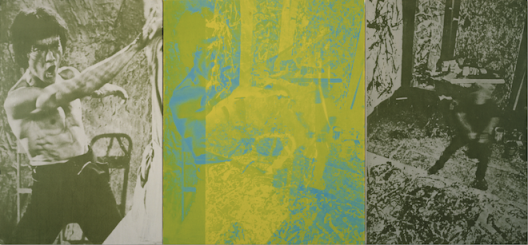 刁德谦,《双龙 》,1999,布面丙烯、丝网印刷,183 x 396.5 厘米。私人收藏。 David Diao, Twin Dragons, 1999, acrylic and silkscreen on canvas, 183 x 396.5 cm. Private Collection