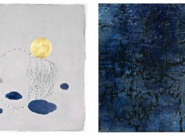 由左至右：Crystal Liu - 《The moon “merged”》 水墨纸本设色及金箔  38 x 38cm  2015年
戚彧 – 《皈元NO.015-03》 布面陶瓷艺术 100 x 100cm 2015年