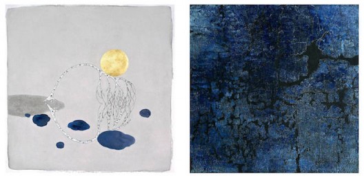 由左至右：Crystal Liu - 《The moon “merged”》 水墨纸本设色及金箔  38 x 38cm  2015年 戚彧 – 《皈元NO.015-03》 布面陶瓷艺术 100 x 100cm 2015年