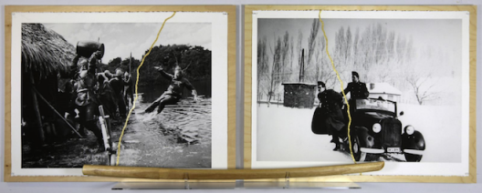 Sarkis, Kintusgi avec Aguirre (Werner Herzog) et Jours Glacés (Andras Kovacs) + Bokken Kendo, 2015. Inkjet print on Arches paper 300gr, gold upon Kintsugi method, bokken kendo, 63 x 168 cm.  