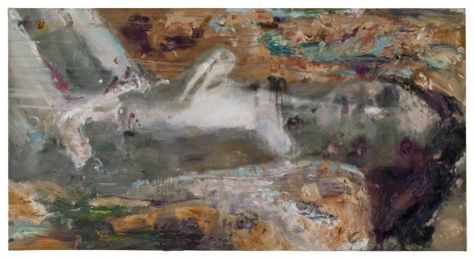 Christian Schoeler, “#70!042 (Tumble mary, as if aecting a ten million glance, ma#y de la laine)”,2013, mixed media, oil on canvas mounted on wood 70x135cm