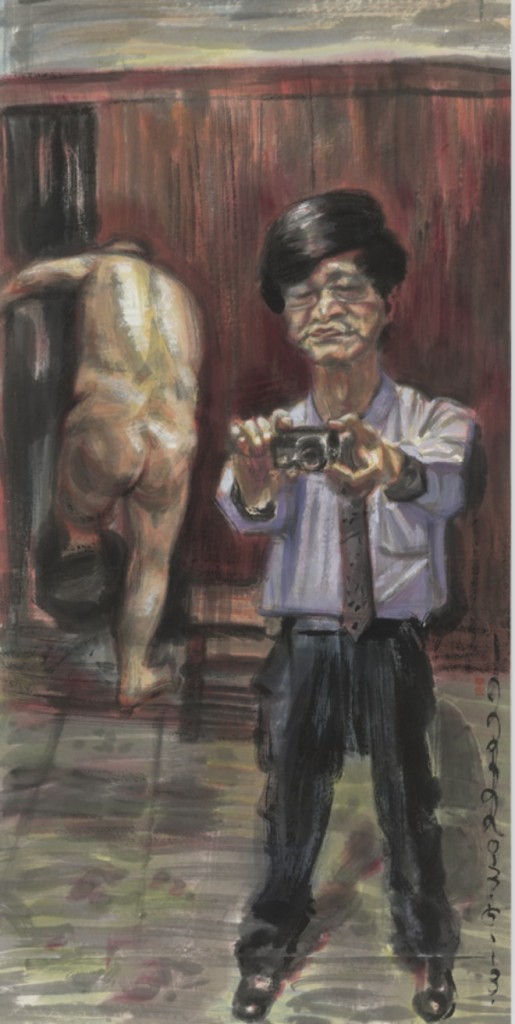 Chang Qing, Mr.Lin in the Bathroom, 2013, Ink and color on paper, 69 x 137cm