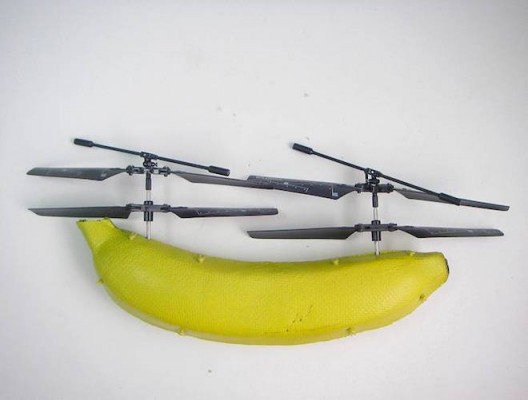 Banana ‘copter 2010. remote control helicopter parts, stainless steel wire mesh, paper, glue, rubberbands, acrylic and spray paint, banana residue