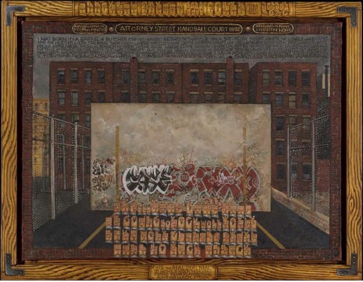 黄马鼎，《讼师街（手球场和皮尼罗的自传诗）》，布面油画，90 × 122 cm，1982–1984（大都会艺术博物馆的收藏，伊迪丝C·布鲁姆基金）/ Martin Wong, “Attorney Street (Handball Court with Autobiographical Poem by Pinero)”, oil on canvas, 90 × 122 cm, 1982–4 (Collection of the Metropolitan Museum of Art, Edith C. Blum Fund)