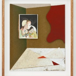 Jens FÄNGE, "Les Soeurs", 2016, Oil, vinyl, paper and fabric on panel 45.5 x 37.5, Courtesy Galerie Perrotin