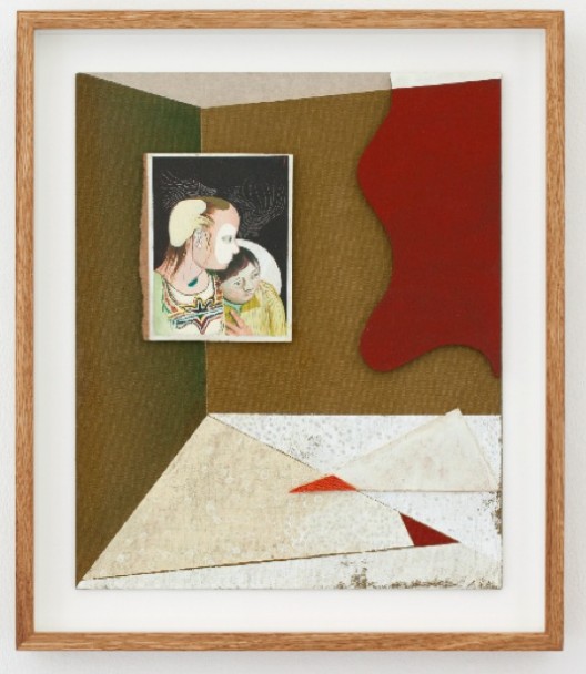 Jens FÄNGE, "Les Soeurs", 2016, Oil, vinyl, paper and fabric on panel 45.5 x 37.5, Courtesy Galerie Perrotin