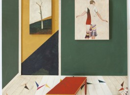 Jens FÄNGE, "Sister Feelings", 2016, Oil, vinyl, cardboard and wood on panel 100 x 81 cm, Courtesy Galerie Perrotin
