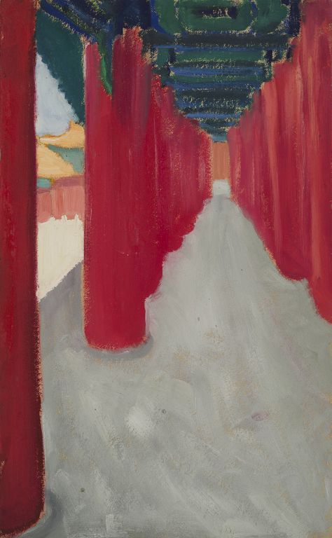 李珊,《一群红柱子 (故宫)》,纸板油画,39 x 24 cm,二十世纪七十年代