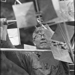 George Rickey working on Crucifera IV in his studio in East Chatham New York, c.1965,  photo by Carl Howard, copyright George Rickey Estate