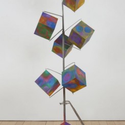 George Rickey, Column of Six Cubes with Gimbal, 1995-1996, stainless steel, polychrome, unique, 83 x 32 x 32 in. Each cube: 8 x 8 in, courtesy of Marlborough Gallery Inc. and the Estate of George Rickey