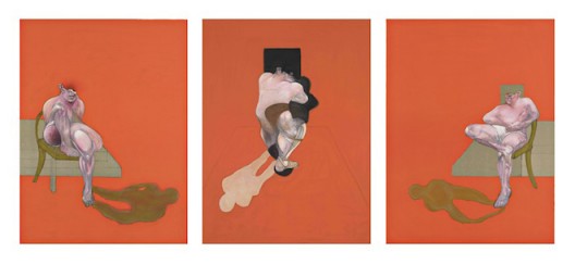 Francis Bacon, Triptych 1983, 1983, a set of three lithographs, edition of 180, 86.7 x 60.6 cm (each), © The Estate of Francis Bacon. All rights reserved / DACS 2016, Bacon and Freud: Graphic Works, 18 January 2017 – 25 February 2017, Marlborough Graphics, London, marlboroughlondon.com 弗朗西斯·培根，《三联画1983》，1983，三联一组，180版，86.7 x 60.6 cm（每幅），©弗朗西斯·培根遗产基金会，《弗朗西斯·培根和卢西恩·佛洛伊精选平面作品展》，2017年1月18日-2月25日，马乐伯平面设计，伦敦