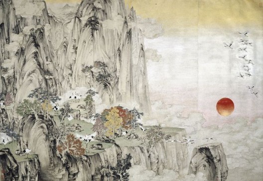 郑力，《瑞鹤图》，水墨 设色 纸本，187 x 274 cm，2002（图片由艺术家及汉雅轩提供） ZHENG Li, 