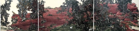 《十一日谈—红岩》，三屏绢本工笔重彩，142×608 cm，2013-2016（142×145 cm / 142×243 cm / 142×201 cm）（Photo: Alan Yang）