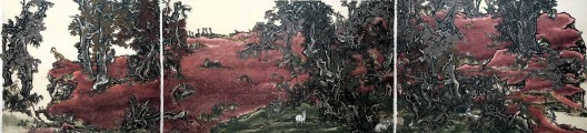 《十一日谈—红岩》,三屏绢本工笔重彩,142×608 cm,2013-2016(142×145 cm / 142×243 cm / 142×201 cm)(Photo: Alan Yang)