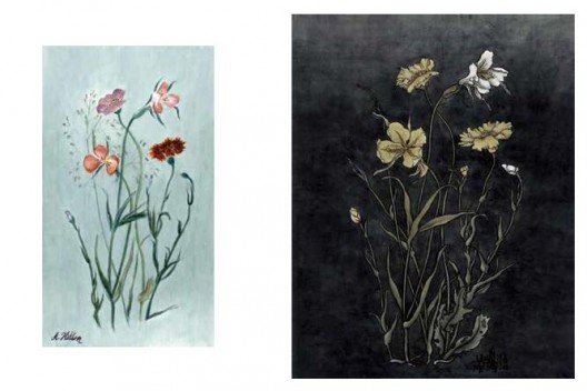 《还是花鸟画1913-2013》,水彩,25.5×14.3 cm,2013(左);《还是花鸟画1913-2013》,绢本工笔重彩,90×70 cm,2013(右)