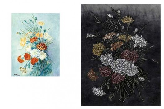《还是花鸟画1913-2013》,水彩,32.4×24.4 cm, 2013(左);《还是花鸟画1913-2013》,绢本工笔重彩,90×70 cm,2013(右)