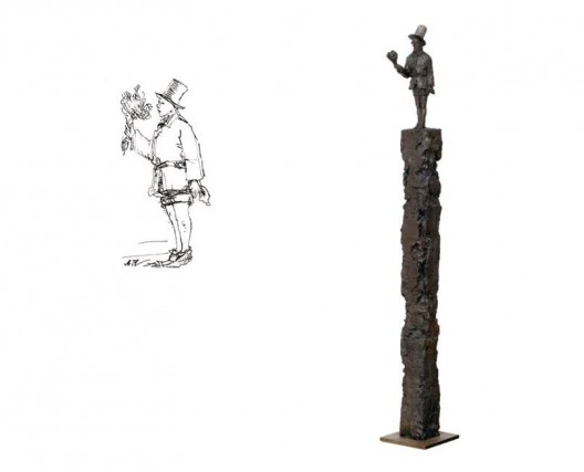 《花少年1924-2014》，纸上炭笔，14×9.5 cm，2014（左）;《花少年1924-2014》，铜雕，1/3版，212×20×20 cm，2014（右）