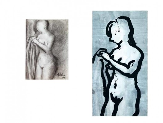 《伊娃1911-2011》,纸上炭笔,41.7×29.6 cm,2014(左)(Photo: Marc Domage);《伊娃1911-2011》,墨、丙烯,185×96 cm,2014(右)(Photo: Marc Domage)