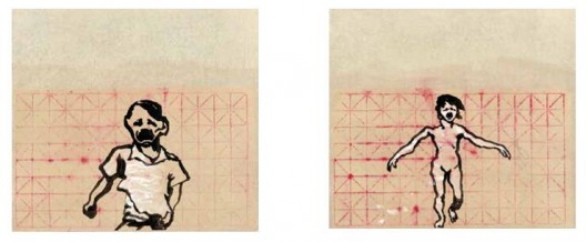 《跑吧1》,水墨,习字纸,61.5×68.5 cm,2014(左);《跑吧2》,2014年,水墨,习字纸,61.5×68.5 cm,2014(右)