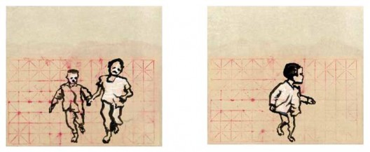 《跑吧3》，2014年，水墨，习字纸，61.5×68.5 cm，2014（左）；《跑吧4》，2014年，水墨，习字纸，61.5×68.5 cm，2014（右）