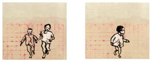 《跑吧3》,2014年,水墨,习字纸,61.5×68.5 cm,2014(左);《跑吧4》,2014年,水墨,习字纸,61.5×68.5 cm,2014(右)
