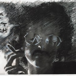 Adrian Piper, The Mythic Being: Look But Don’t Touch, 1975. Silver gelatin print, oil crayon. 8" x 10" (20.32 x 25.4 cm). Private Collection. © Adrian Piper Research Archive Foundation Berlin