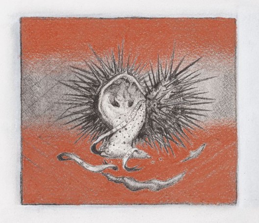 陈敬元，《防卫机制》，素描，13 x 14.8 cm，2016 Chen Ching-Yuan, “Defense Mechanisms”, Charcoal on paper, 13 x 14.8 cm, 2016