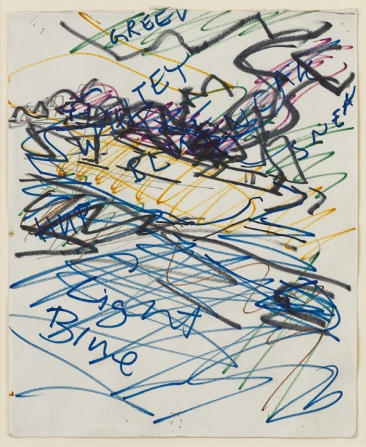 Study for Tree on Primrose Hill, 1982, black ink and coloured crayon on paper, 21 x 27.5 cm.; 8 1/4 x 10 7/8 in. Copyright Frank Auerbach, Courtesy Marlborough Fine Art
