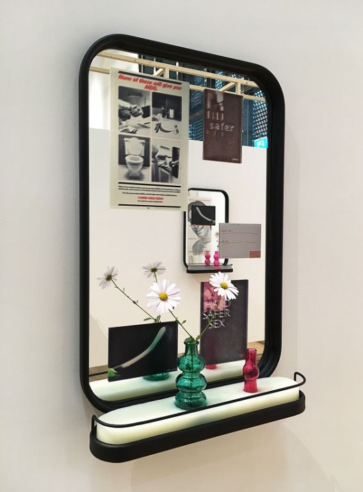 Luo Jr-shin, in Budding, in Blooming, in Withering, 2017, Metal, mirror, pigment print, scented soap, glass vase, flower. In plastic bag: green tea, beer, whisky, soft drink, Each approx.: 80x50x15cm