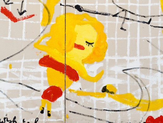 Rose Wylie Yellow Girls I, 2017 (detail) Oil on canvas in two (2) parts 72 x 133 7/8 inches  183 x 340 cm © Rose Wylie Courtesy the artist and David Zwirner, London