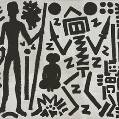 A.R. Penck, Welt des Adlers IV (World of the Eagle IV), 1981.
Acrylic on canvas, 70 3/4 x 110 1/4 inches (180 x 280 cm).