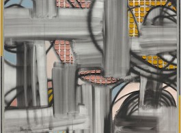 Keltie Ferris, [[[GENAU]]], 2018, oil and acrylic on canvas in artist's frame, 187 x 156 cm
