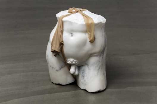 Cao Yu, 90°C IV, 2019, marble, silk stocking,  56 x 46 x 36 cm. Image courtesy the artist and Galerie Urs Meile 