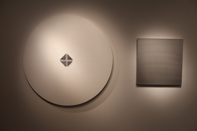 Chen Yufan, “Subject and Object 4,” acrylic and mixed media on canvas, diameter: 160 cm, square: 80 x 80 cm 2013 (Photo courtesy of Sarah Harper).